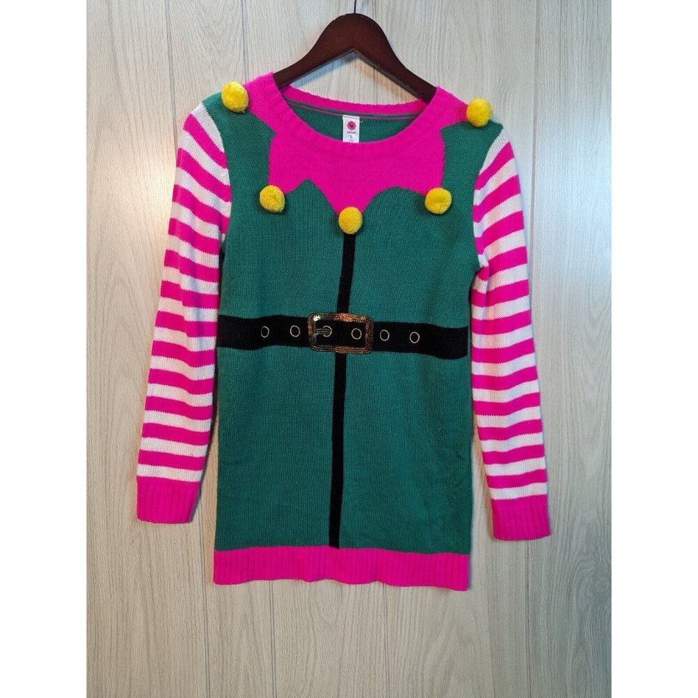 Ugly Christmas Elf Sweater Dress Green Pink Total Girl Plus Size XL Pom Poms
